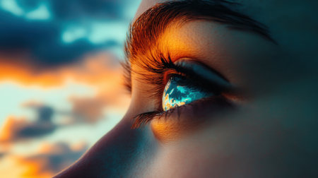 This stunning close-up captures a person's eye reflecting a vibrant sunset filled with colors, evoking emotions and a sense of serenity in nature.の素材