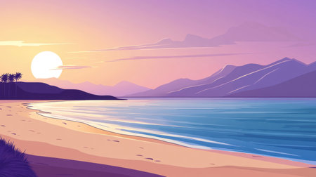 A peaceful scene depicting a stunning sunset over a calm beach with gentle waves lapping at the shore, framed by silhouetted mountains.の素材