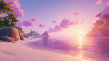 A stunning sunset view from a tropical beach showcases vibrant colors reflecting on the calm ocean. The scene captures a tranquil atmosphere with palm trees, soft sand, and gentle waves.の素材