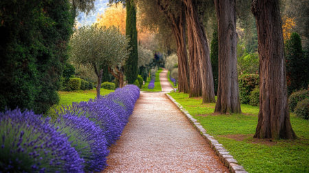 A charming pathway surrounded by vibrant lavender and tall trees, offering a serene escape into nature's beauty during a warm evening light.の素材