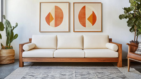 This image features a modern minimalist living room showcasing a cream sofa, wooden accents, and geometric art. A green plant adds freshness to the space.の素材