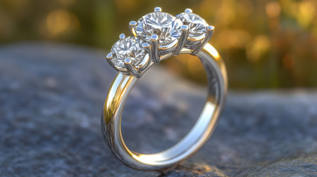 Captivating three stone diamond ring showcasing brilliant gemstones set against a softly blurred natural background, perfect for elegant jewelry inspiration.の素材