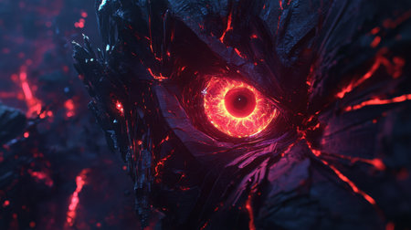 This striking image features a close-up of a fiery eye surrounded by dark, jagged rock formations, creating a surreal and dramatic atmosphere.の素材