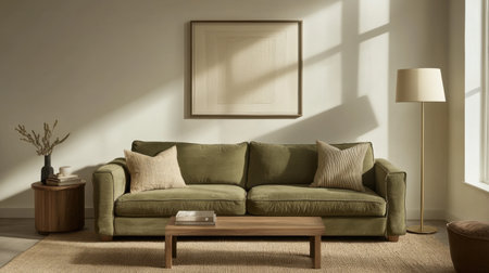 A serene living room featuring a comfortable olive green sofa adorned with cushions, a wooden coffee table, and soft natural lighting.の素材