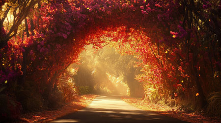Experience a tranquil journey down a serene pathway adorned by vibrant bougainvillea flowers, bathed in warm golden light, perfect for nature lovers.の素材