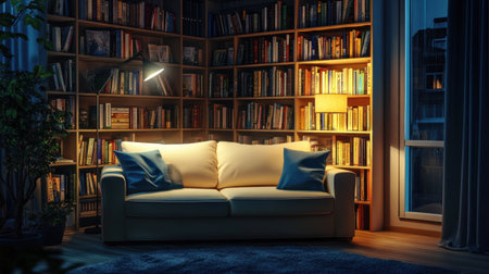 A cozy living room featuring a modern sofa set against a backdrop of filled bookshelves, illuminated by soft lighting, creating a warm and inviting ambiance perfect for reading or relaxation.の素材