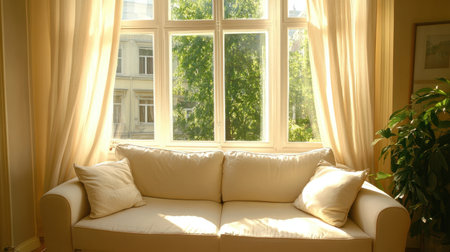 A cozy white sofa bathed in natural light sits beneath a large window adorned with soft curtains, creating a serene atmosphere inviting relaxation.の素材