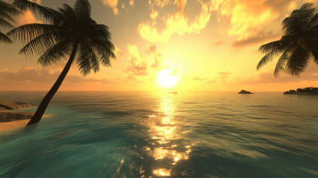 Experience the beauty of a vibrant sunset casting warm hues over a tranquil ocean scene, highlighted by palm trees and gentle waves. Perfect for relaxation.の素材