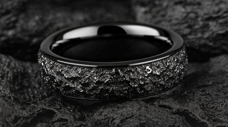 This striking black ring features a beautifully textured surface, showcased against a dark stone background, emphasizing its elegance and modern design.の素材