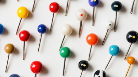 A vibrant collection of colorful push pins displayed on a clean white background, ideal for office organization, craft projects, or decoration.の素材