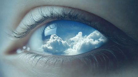 This mesmerizing close-up image captures a human eye reflecting clouds, evoking themes of imagination and dreamlike perception. The serene blue tones inspire creativity.の素材