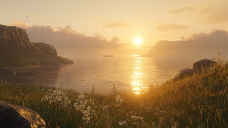 A breathtaking view of a tranquil sunset over calm waters, featuring dramatic clouds and rolling hills, creating a picturesque natural scene perfect for relaxation.の素材