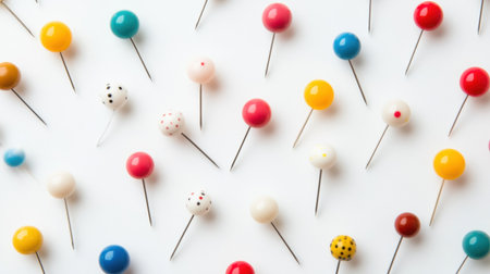 A vibrant arrangement of colorful pinheads scattered across a white background, ideal for projects involving organization, crafting, and artistic expression.の素材