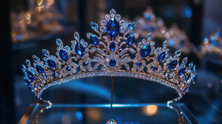 This exquisite tiara features a stunning arrangement of sparkling diamonds and rich blue sapphires, symbolizing elegance and luxury in jewelry design.の素材