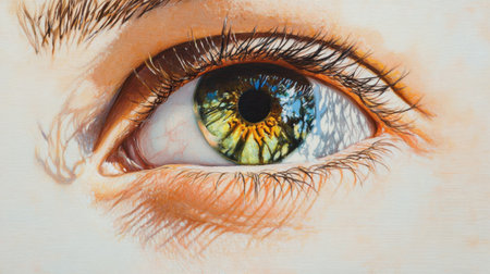 This artistic close-up captures a human eye with vibrant colors and intricate details, showcasing the beauty of nature's reflections and unique textures.の素材