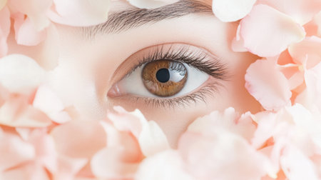 This close-up photo showcases a mesmerizing eye framed by soft pink flower petals, symbolizing beauty, relaxation, and natural elegance. Perfect for wellness themes.の素材