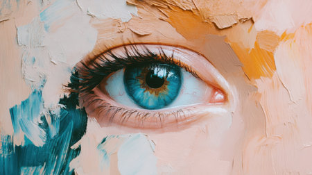 This close-up image showcases a stunning eye surrounded by vibrant, abstract paint strokes, merging artistry and human beauty in a captivating way.の素材
