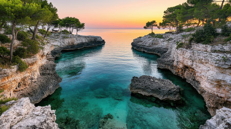 Experience a tranquil sunset at a Mediterranean cove, where clear waters meet rugged rocks and lush pine trees, creating a serene coastal escape.の素材