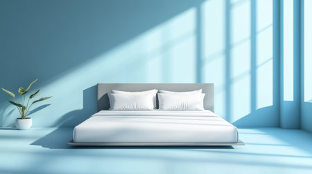 This image showcases a modern minimalist bedroom featuring a comfortable bed against soft blue walls. Natural light filters through large windows, creating a serene atmosphere.の素材
