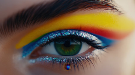 This close-up image showcases a beautifully artistic eye makeup design featuring vibrant colors and glitter. Perfect for beauty and fashion enthusiasts seeking inspiration.の素材