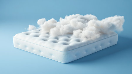 This image showcases a soft and fluffy mattress set against a serene blue background, embodying comfort and relaxation ideal for a restful nightの素材
