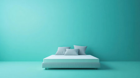 A sleek and modern bedroom captures attention with its serene turquoise wall and white bed adorned with soft pillows, perfect for contemporary decor.の素材