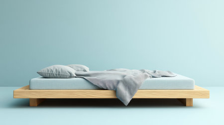 This modern minimalist bedroom features a wooden bed frame with soft bedding, creating a serene and inviting atmosphere for relaxation and comfort.の素材