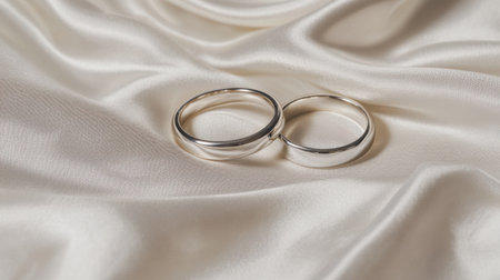 Two elegant silver wedding rings rest gracefully on soft satin fabric, creating a romantic and luxurious atmosphere perfect for capturing the essence of love.の素材