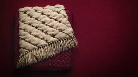 A cozy knit blanket elegantly drapes over a plush burgundy cushion, set against a deep red backdrop, perfect for enhancing home decor and comfort aesthetics.の素材