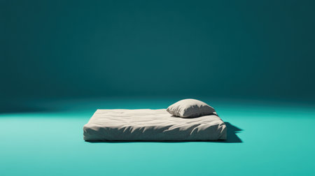 A minimalist bed featuring a soft pillow rests on a vibrant turquoise background, showcasing modern interior design and a serene atmosphere for relaxation.の素材