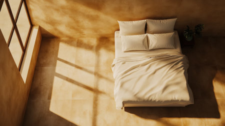 A serene and inviting bedroom featuring a minimalistic design with warm colors and natural light streaming through the window, creating a cozy atmosphere.の素材
