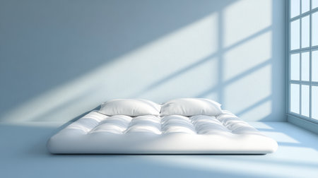 This image showcases a minimalist bedroom featuring a white futon with cushions, bathed in natural light from large windows, creating a serene atmosphere.の素材