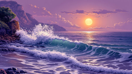 A stunning view of a tranquil ocean scene at sunset, showcasing vibrant colors reflected in gentle waves crashing against rocky cliffs.の素材