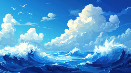 A stunning digital artwork showcasing vibrant blue ocean waves crashing against each other beneath a bright sky filled with fluffy clouds and seagulls.の素材