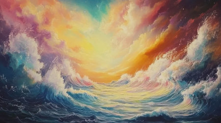 This stunning artwork depicts vibrant ocean waves beneath a beautifully colored sky filled with dramatic clouds, capturing the essence of nature's splendor.の素材