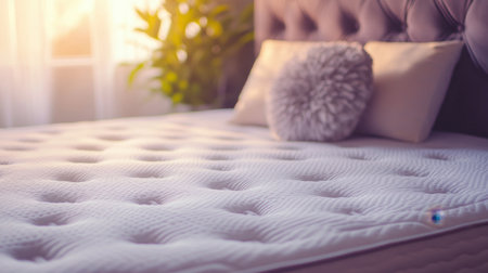 A serene bedroom scene featuring a soft mattress adorned with a decorative pillow, bathed in warm natural light, perfect for promoting relaxation and comfort.の素材