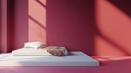 This minimalist bedroom features an unmade bed on a platform, complemented by soft linens and warm natural light filtering through shadows on pink walls.の素材