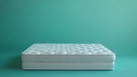 A soft mattress displayed against a soothing green backdrop, ideal for illustrating themes of comfort and design in home furnishings and bedroom settings.の素材