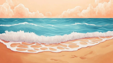 Experience the serene beauty of a peaceful beach at sunset, featuring gentle waves and soft clouds rolling over turquoise waters.の素材