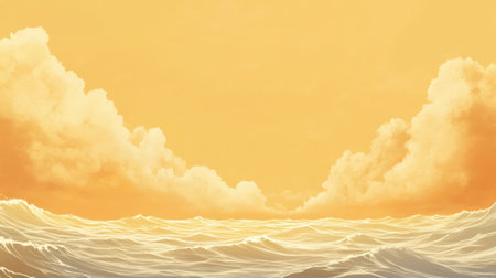 A captivating view of gentle ocean waves under a golden sunrise, surrounded by soft clouds, creating a tranquil and serene atmosphere perfect for artistic projects.の素材