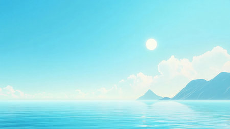 A breathtaking seascape featuring calm waters, soft clouds, and a bright sun. This serene landscape evokes feelings of relaxation and tranquility, perfect for travel and leisure themes.の素材