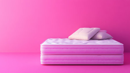 This image showcases a cozy pink mattress paired with soft cushions, set against a vibrant pink wall, ideal for contemporary bedroom designs and relaxation.の素材