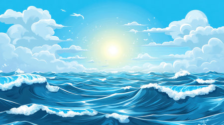 This vibrant illustration captures a serene ocean scene with gentle waves, bright sunlight, and fluffy clouds in a clear blue sky, evoking a sense of tranquility.の素材