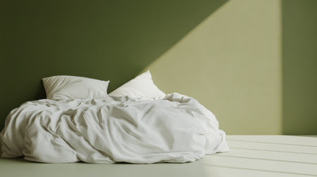 This cozy bedroom scene features a soft white bedding arrangement on a spacious bed against minimalist green walls, illuminated by natural light.の素材