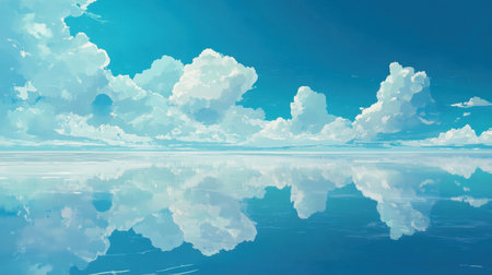 A stunning depiction of a serene blue sky filled with fluffy white clouds mirrored perfectly on a calm water surface, creating a peaceful atmosphere.の素材