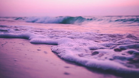 This stunning coastal scene captures gentle waves lapping against wet sand at dusk, with a captivating pink and purple sky creating a tranquil atmosphere.の素材