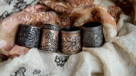 This image captures a beautiful array of handcrafted rings displayed on soft, patterned fabric, showcasing intricate floral designs and rich tones, perfect for jewelry lovers.の素材