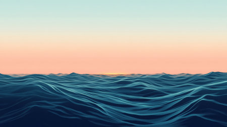 This breathtaking image showcases gentle ocean waves beneath a soft horizon light during dawn, exuding tranquility and natural beauty.の素材
