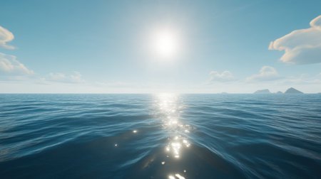 A stunning view of the ocean under shining sunlight, showcasing gentle waves and a clear blue sky adorned with soft clouds, perfect for serene moments.の素材