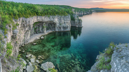 Experience the breathtaking view of rocky cliffs overlooking clear waters at sunset. This serene landscape captures the essence of nature's beauty and tranquility.の素材